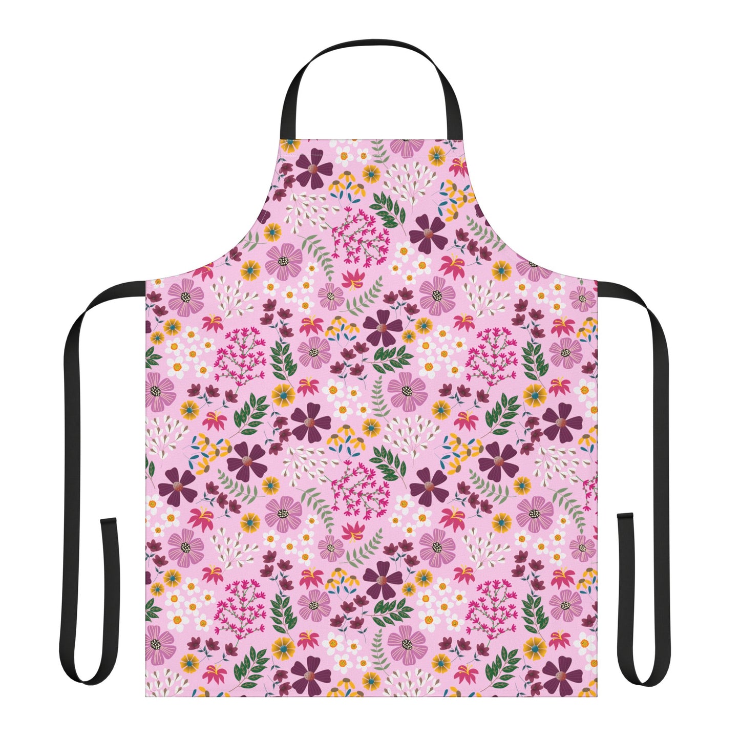 Floral Apron with vibrant, all-over floral print on a pale pink field; features black neck loop and waist ties, crafted from 100% polyester canvas for softness and stain-free convenience.