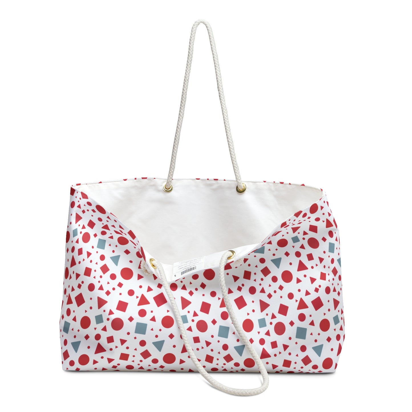 Geometric Pattern Weekender Bag – Red & Light Blue Modern Travel Tote features bold geometric shapes and sturdy rope handles, ideal for stylish, spacious travel or daily use from FireBrook Designs.