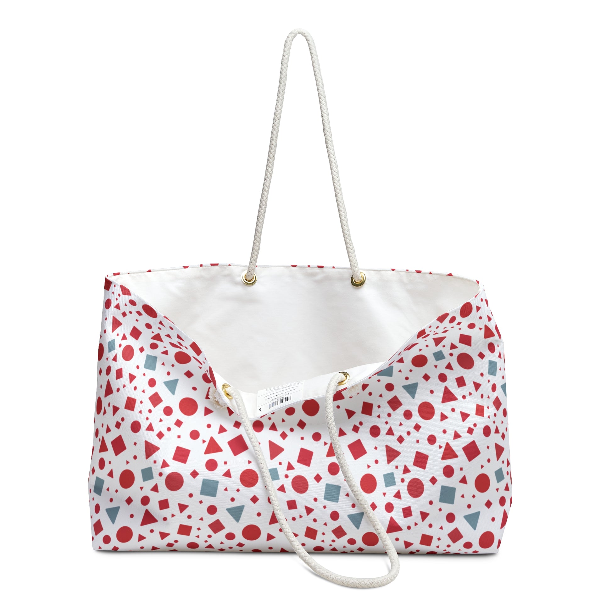 Geometric Pattern Weekender Bag – Red & Light Blue Modern Travel Tote features bold geometric shapes and sturdy rope handles, ideal for stylish, spacious travel or daily use from FireBrook Designs.