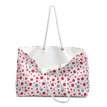 Geometric Pattern Weekender Bag – Red & Light Blue Modern Travel Tote features bold geometric shapes and sturdy rope handles, ideal for stylish, spacious travel or daily use from FireBrook Designs.