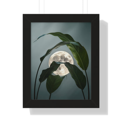 Vertical Moon and Tropical Leaves Poster: A framed artwork showcasing a luminous full moon partially hidden by oversized tropical leaves, creating an ethereal, serene atmosphere ideal for nature and moon enthusiasts.