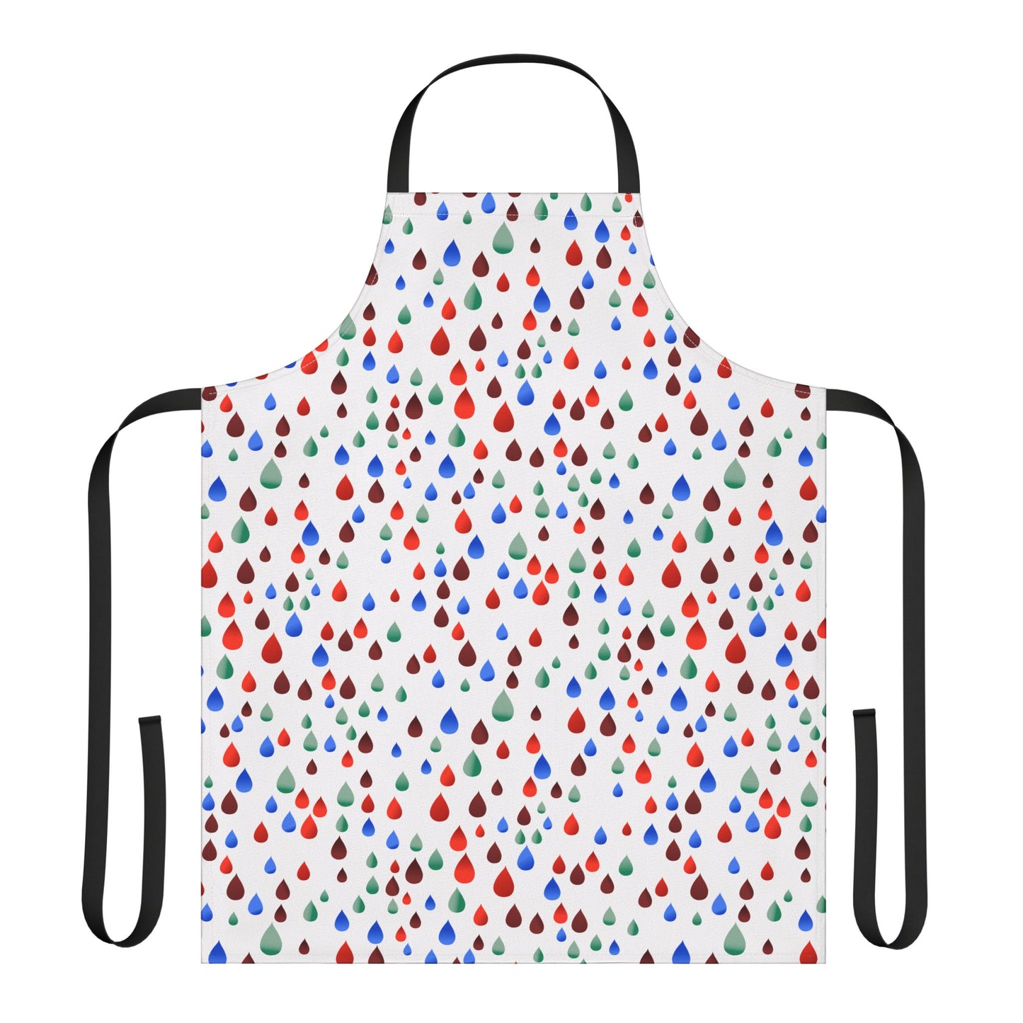 Happy Raindrops Apron features a full-coverage design with vibrant raindrop patterns on white, complemented by black neck and waist ties, offering stain-free protection and comfort for joyful kitchen activities.