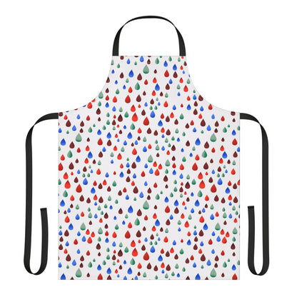 Happy Raindrops Apron features a full-coverage design with vibrant raindrop patterns on white, complemented by black neck and waist ties, offering stain-free protection and comfort for joyful kitchen activities.