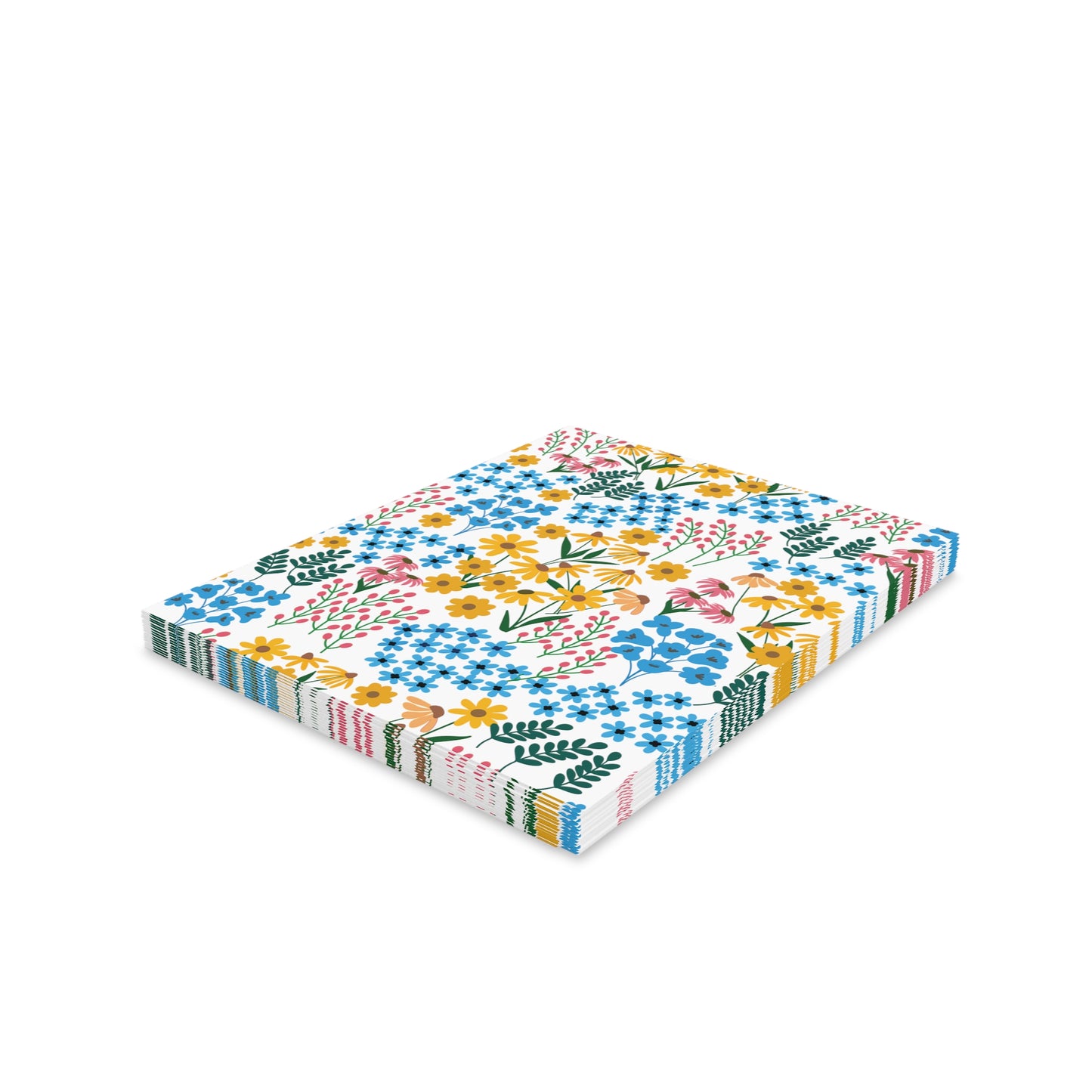 Floral Greeting Cards — Pack of 8/16/24 showcasing vibrant wildflower patterns on matte-finish cards, each folded with a matching white envelope, embodying FireBrook Designs' cheerful and uplifting style for heartfelt messages.