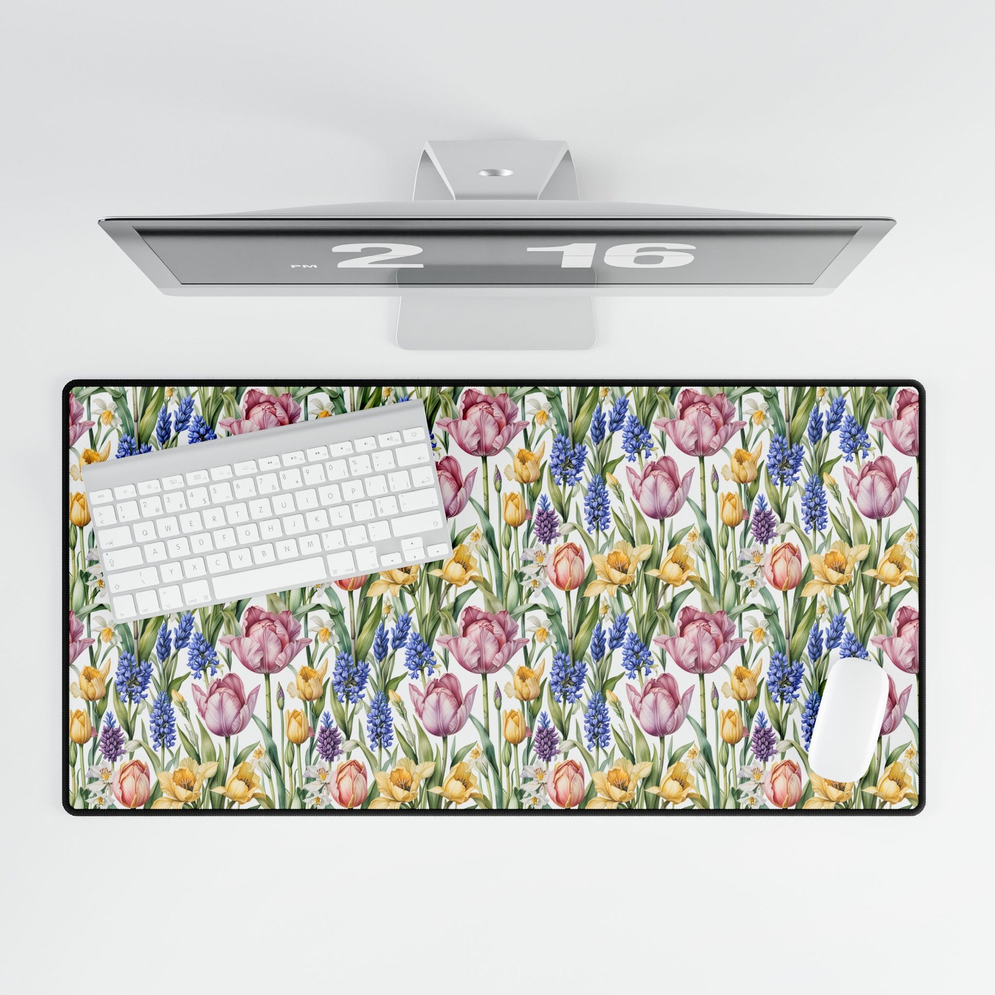 Desk Mat - Spring Garden Tulips Daffodils Hyacinths: Features blooming flowers in soft pastels, enhancing a serene workspace. Ideal for nature lovers and gardening enthusiasts seeking a peaceful desk atmosphere.