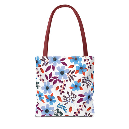 Floral Tote Bag with vibrant blue, lavender, and red flowers, complemented by plum and navy leaves. Features durable polyester, burgundy straps, and boxed corners, perfect for joyful summer outings.