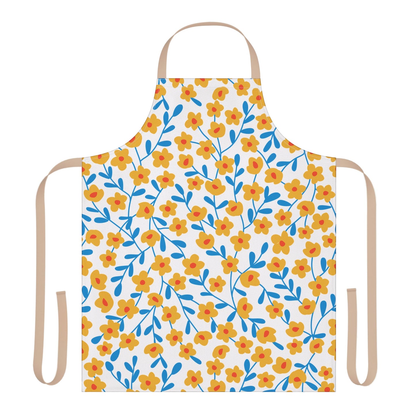 Floral Apron featuring vibrant yellow flowers with orange centers and blue leaves on a white background. This stain-free, full-coverage apron includes beige ties, offering comfort and style for any kitchen activity.