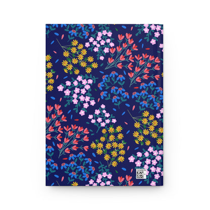 Floral Meadow Hardcover Journal — Navy Botanical Notebook for Notes & Gifts features a vibrant floral pattern, matte laminated cover, and numbered corner label, embodying FireBrook Designs' joyful, uplifting aesthetic.
