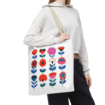 Woman holding a Floral Pattern Tote Bag, showcasing its vibrant floral design and practicality, ideal for everyday use.