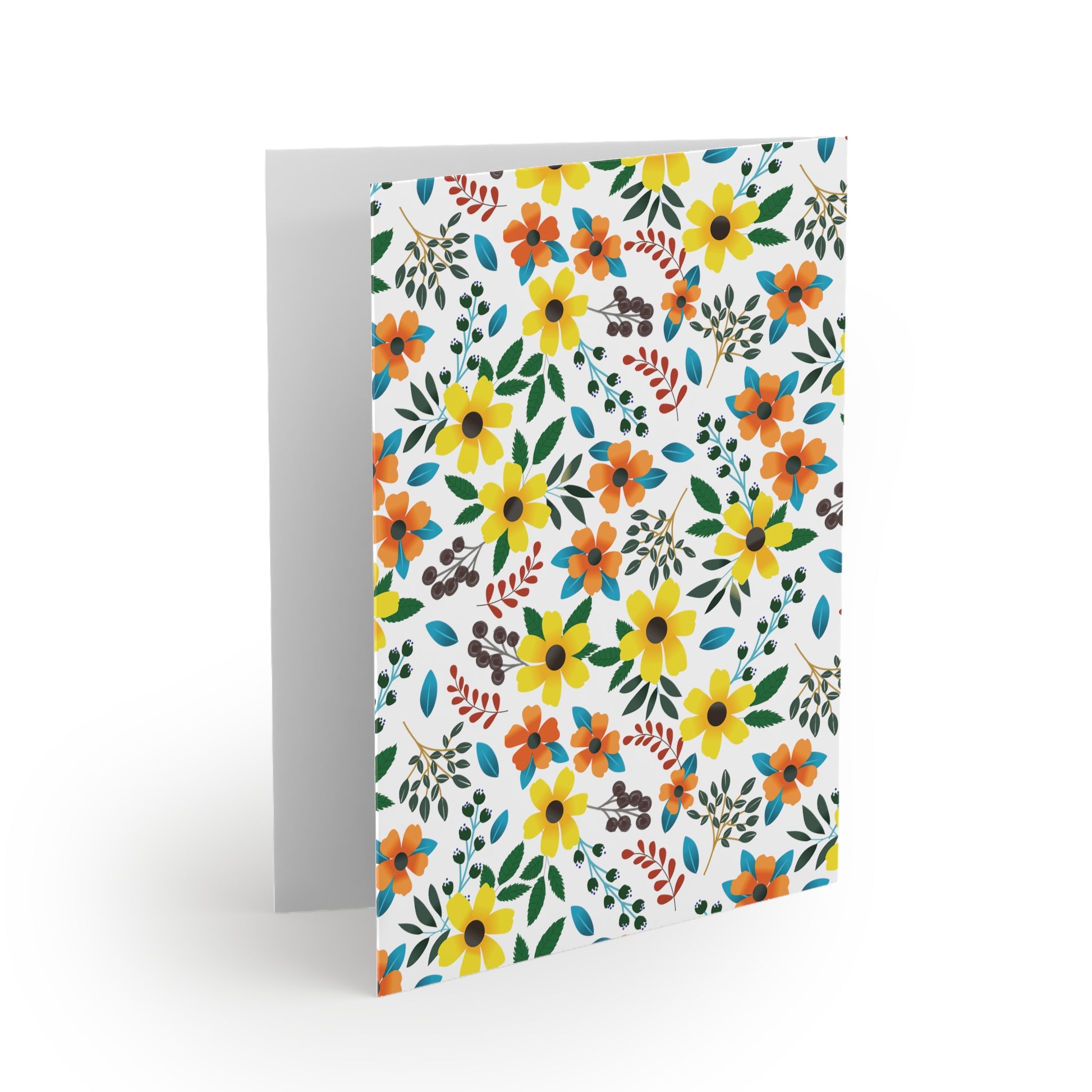 Floral Greeting Cards — Pack of 8/16/24 feature vibrant, hand-drawn yellow and orange wildflowers on a white background, offering a cheerful, springtime vibe. Includes a matching white envelope, perfect for personal messages.