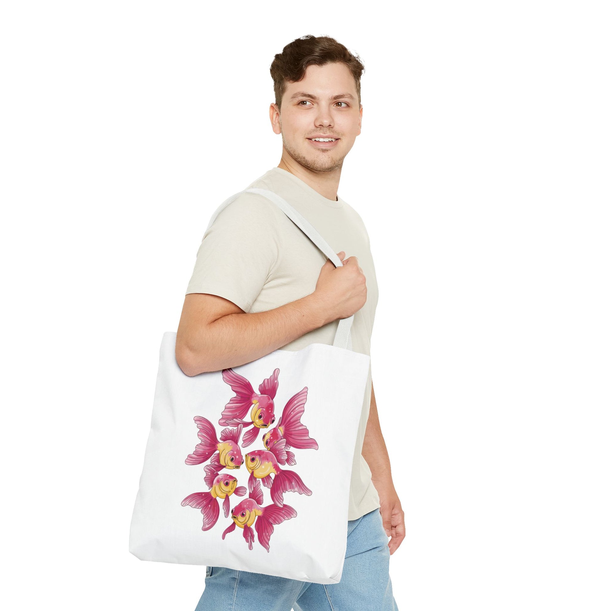 Fish Tote Bag - School of Fish Design: A durable polyester tote adorned with a tranquil fish pattern, perfect for ocean lovers. Ideal for carrying essentials, featuring reinforced handles and boxed corners for spaciousness.