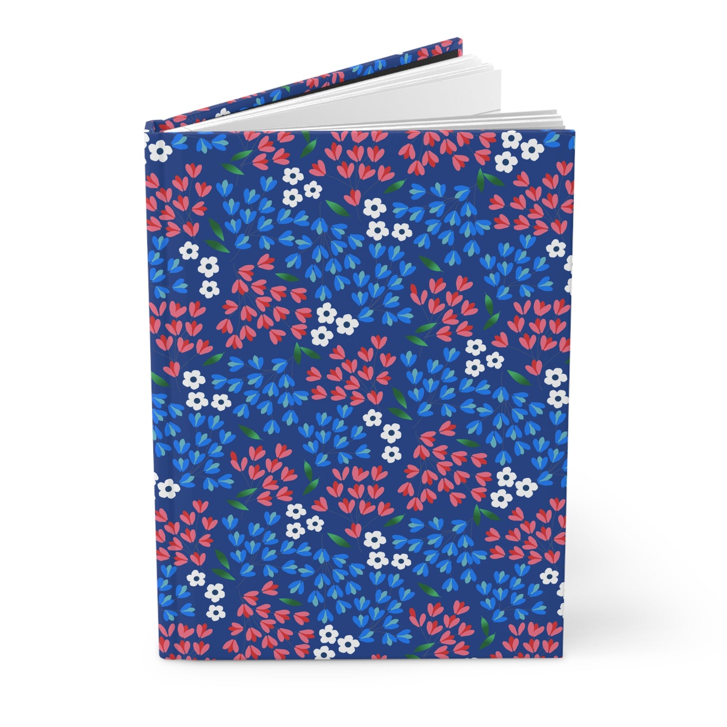 HARDCOVER JOURNAL, MATTE, RULED, 5X7, SEWN BIND, CLEAN-TEAR PAGES – WILDFLOWER SKY features a deep blue cover with a charming floral pattern, showcasing vibrant blossoms and leaves, perfect for joyful, everyday use.