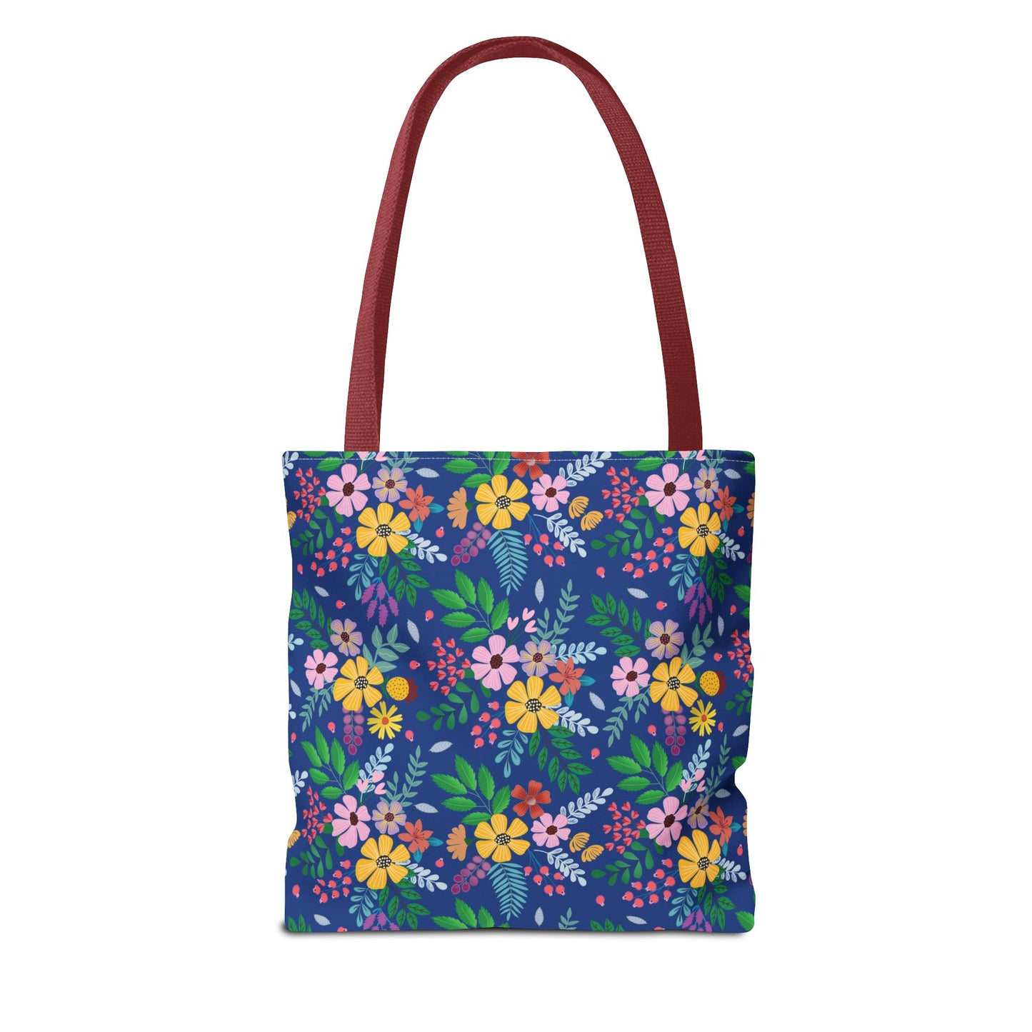 Floral Tote Bag featuring vibrant yellow, pink, orange, and purple blossoms with green and blue foliage on a deep-blue background; maroon straps complete this lively, durable accessory perfect for joyful summer outings.