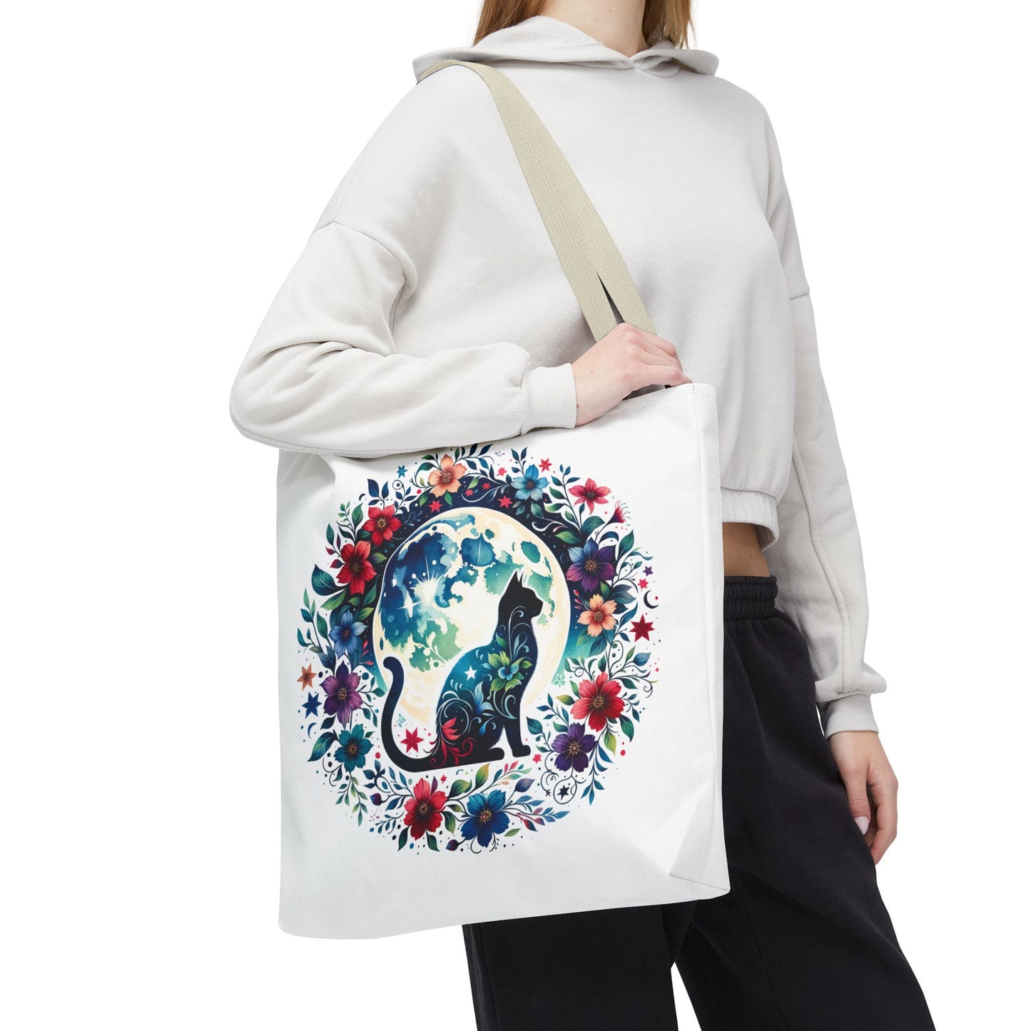 Lone Cat Under the Moon Tote Bag, featuring a playful feline design, perfect for errands or beach trips. Durable polyester with reinforced handles, available in three sizes from FireBrook Essentials for joyful living.