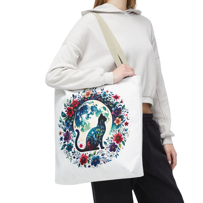 Lone Cat Under the Moon Tote Bag, featuring a playful feline design, perfect for errands or beach trips. Durable polyester with reinforced handles, available in three sizes from FireBrook Essentials for joyful living.