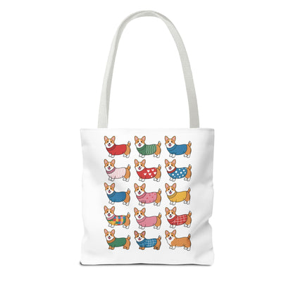 Cheerful Corgi Cartoon Style Dog Lover Tote Bag featuring adorable Corgis in unique outfits. Durable polyester with reinforced handles, perfect for everyday use, capturing FireBrook Essentials' joyful, uplifting design ethos.