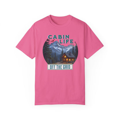Cabin Life Off The Grid T-Shirt, showcasing double-needle stitching and a relaxed fit, embodies rustic charm and comfort, perfect for outdoor enthusiasts seeking stylish, durable apparel.