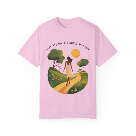 Inspirational Message T-Shirt featuring a woman walking on a path design, made from soft, high-quality fabric with a relaxed fit, embodying FireBrook Essentials' uplifting and stylish apparel ethos.