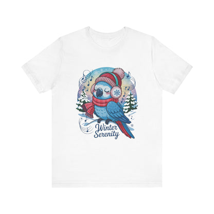 Winter Serenity Cute Baby Parrot Unisex T-Shirt featuring a delightful parrot design, crafted from 100% Airlume cotton. Perfect for casual winter wear, offering comfort and style for bird lovers and nature enthusiasts.