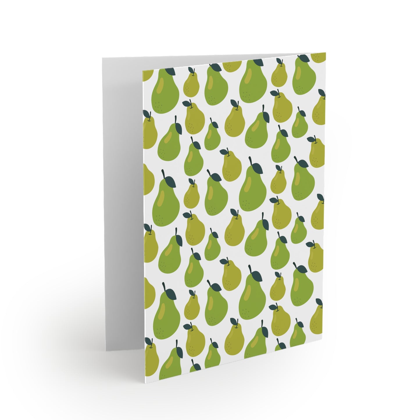 Pear Greeting Cards — Pack of 8/16/24: Folded card with a matte finish featuring a vibrant pattern of stylized green pears, blank inside for personalization, includes a matching white envelope.
