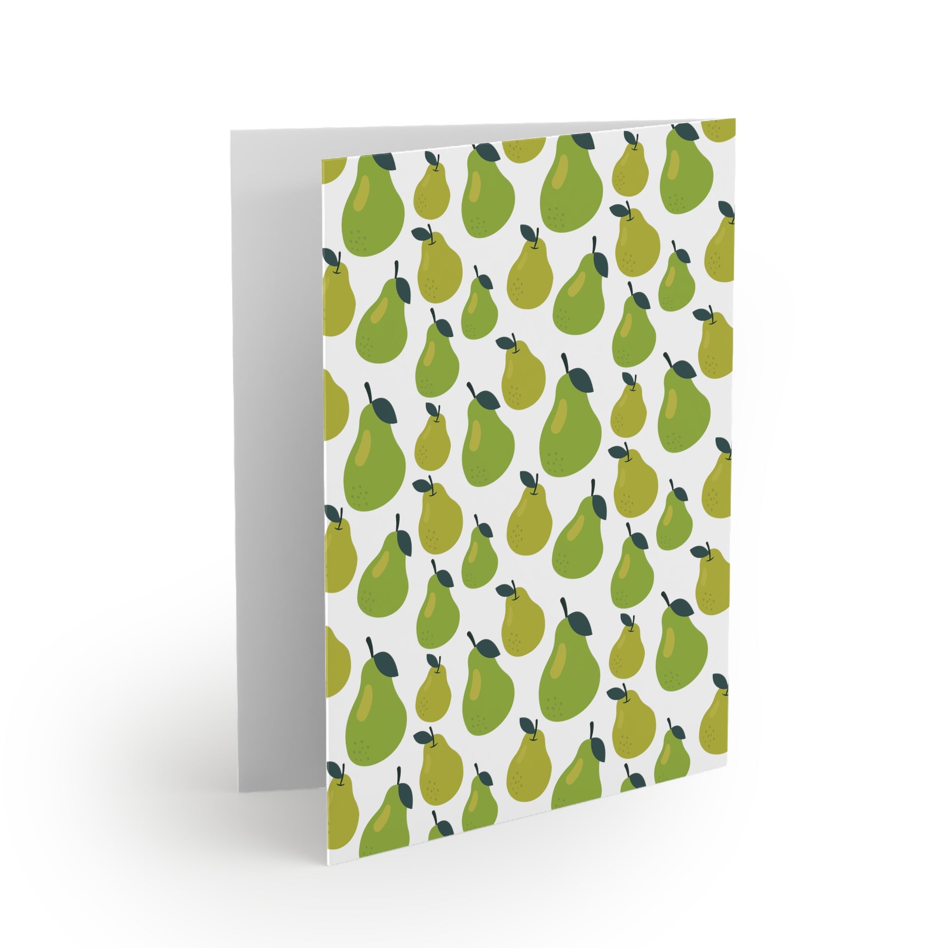 Pear Greeting Cards — Pack of 8/16/24: Folded card with a matte finish featuring a vibrant pattern of stylized green pears, blank inside for personalization, includes a matching white envelope.