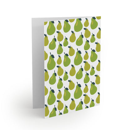 Pear Greeting Cards — Pack of 8/16/24: Folded card with a matte finish featuring a vibrant pattern of stylized green pears, blank inside for personalization, includes a matching white envelope.