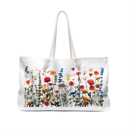 Weekender Bag - Wildflowers Floral Print Travel Tote: Close-up of a tote bag showcasing vibrant wildflower design, featuring sturdy rope handles, spacious size, ideal for nature lovers and weekend getaways.