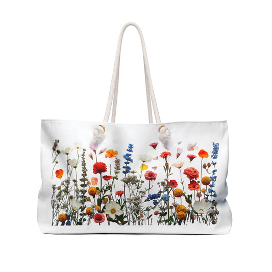 Weekender Bag - Wildflowers Floral Print Travel Tote: Close-up of a tote bag showcasing vibrant wildflower design, featuring sturdy rope handles, spacious size, ideal for nature lovers and weekend getaways.