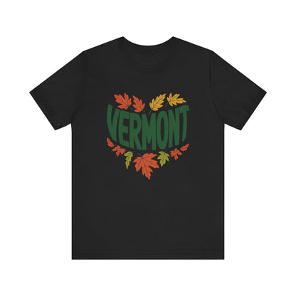 Vermont Love Bella+Canvas Unisex T-Shirt, showcasing its relaxed, outdoorsy design, perfect for nature enthusiasts. Made from 100% Airlume cotton, featuring a ribbed knit collar and shoulder tape for stability.