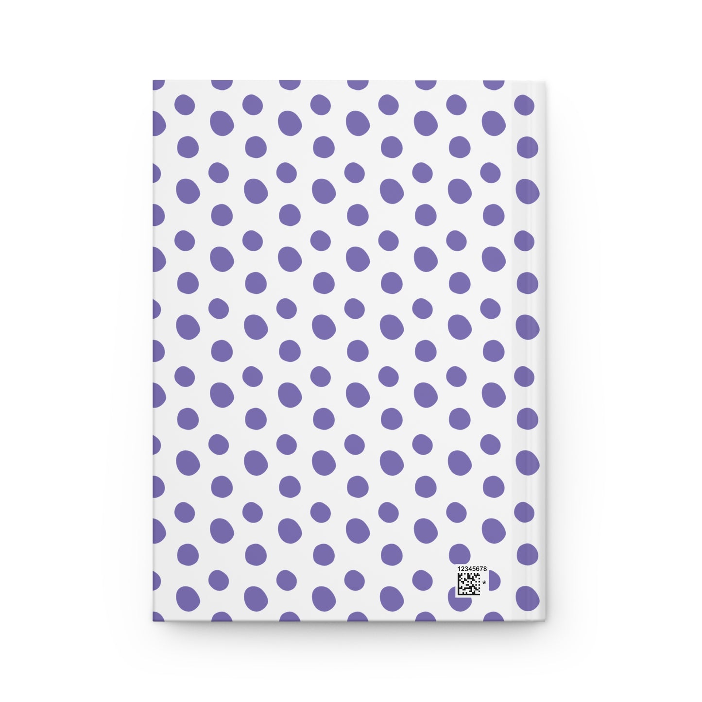 HARDCOVER JOURNAL, MATTE, RULED, 5X7, SEWN BIND, CLEAN-TEAR PAGES – INDIGO features a white back cover with irregular purple polka-dots and a small barcode, emphasizing FireBrook Designs' uplifting style.