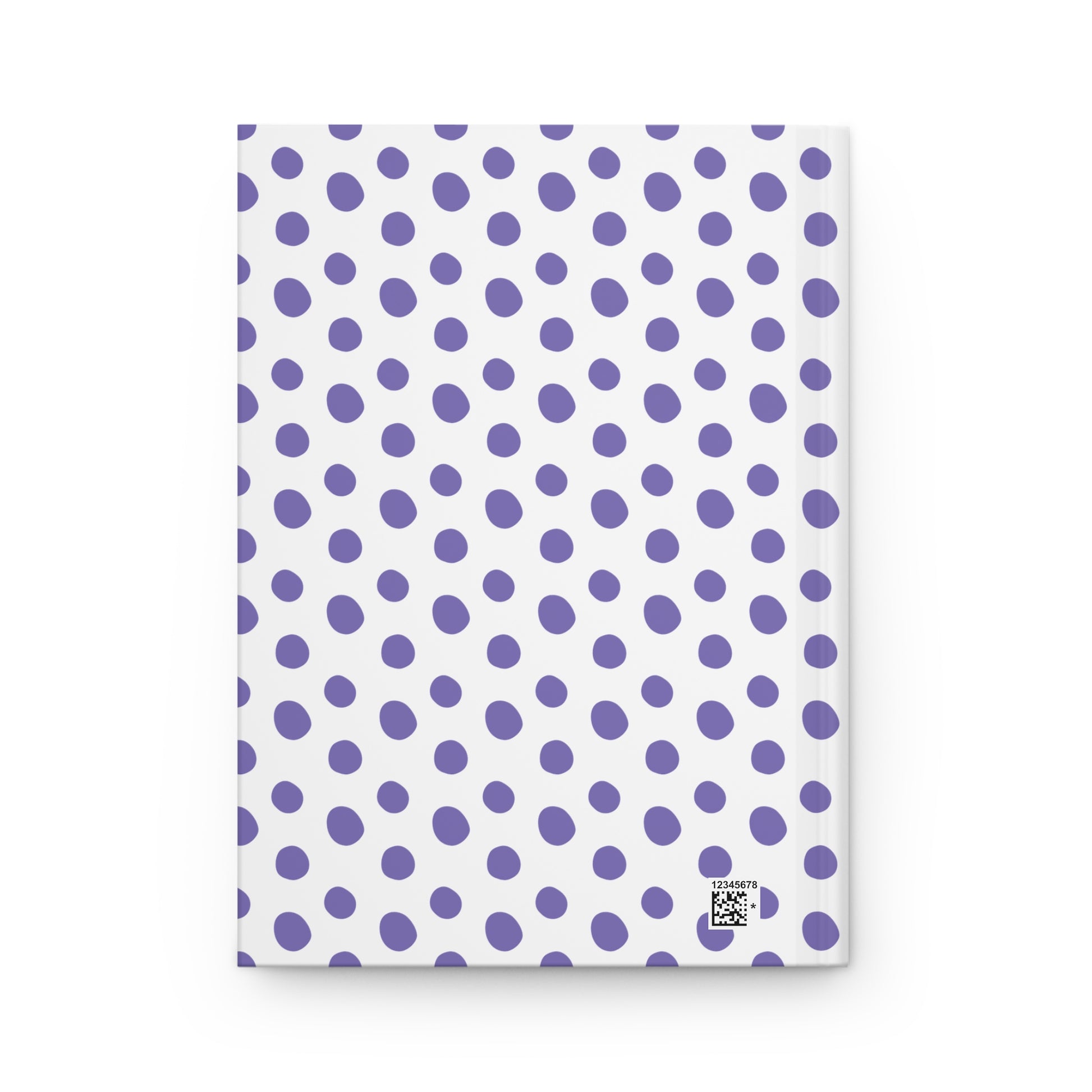 HARDCOVER JOURNAL, MATTE, RULED, 5X7, SEWN BIND, CLEAN-TEAR PAGES – INDIGO features a white back cover with irregular purple polka-dots and a small barcode, emphasizing FireBrook Designs' uplifting style.