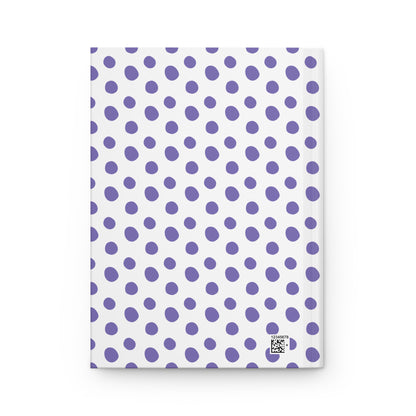 HARDCOVER JOURNAL, MATTE, RULED, 5X7, SEWN BIND, CLEAN-TEAR PAGES – INDIGO features a white back cover with irregular purple polka-dots and a small barcode, emphasizing FireBrook Designs' uplifting style.