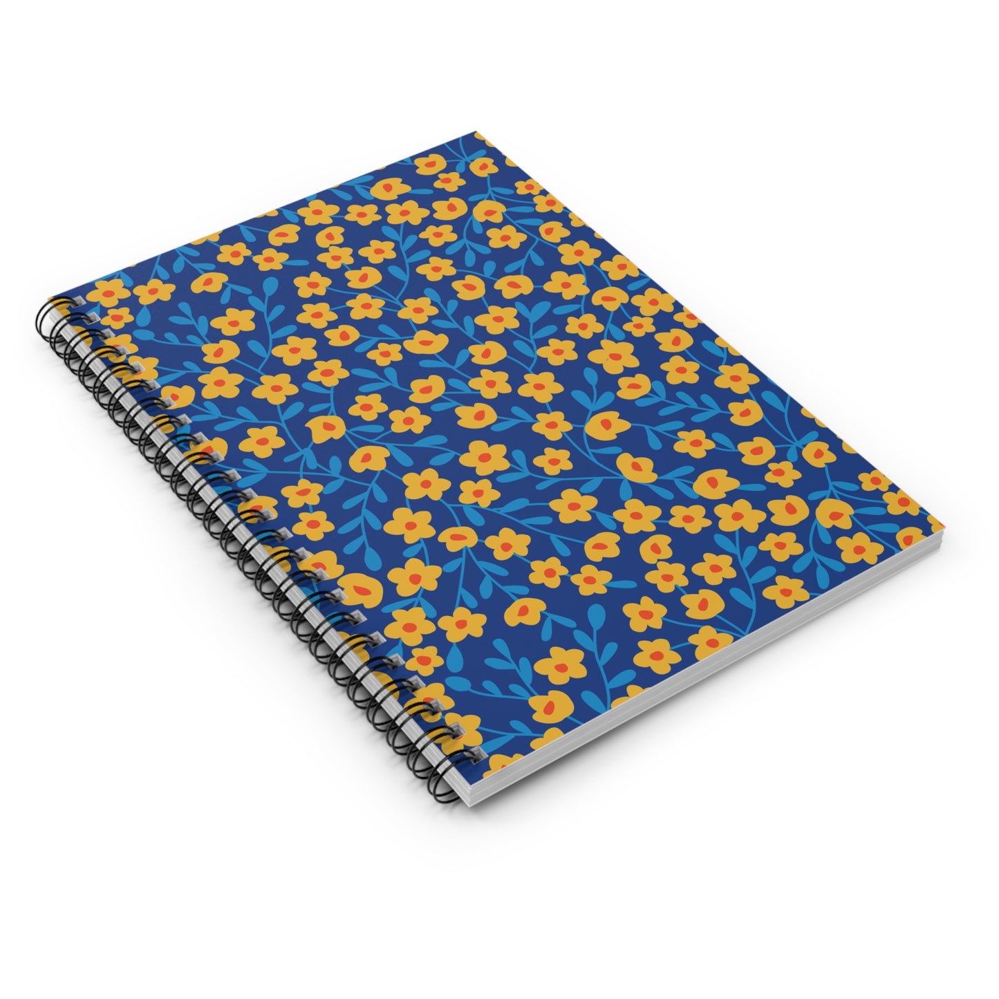 Floral Spiral Notebook featuring a dark blue cover with yellow flowers and blue leaves, showcasing a sleek metal spiral binding, perfect for inspiring creativity and organization in any setting.