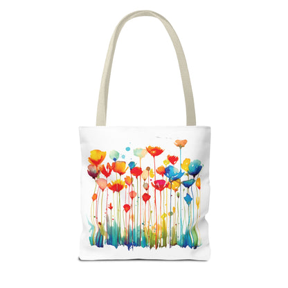 Watercolor Floral Tote Bag featuring colorful floral design, ideal for daily errands, with durable straps and reinforced stitching, available in three sizes for versatile use.