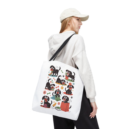 Dog Tote Bag - Playful Cartoon Illustration Design featuring whimsical cartoon dogs with everyday objects, ideal for dog lovers seeking a joyful, reusable shopping accessory. Available in three sizes with reinforced handles.