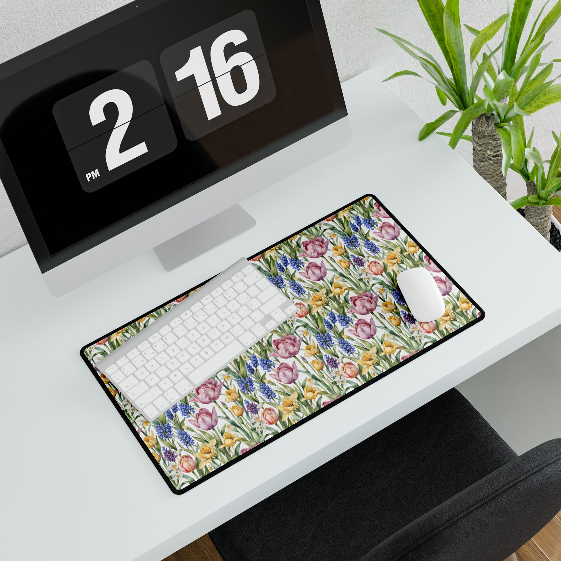 Desk Mat - Spring Garden Tulips Daffodils Hyacinths on a desk, featuring a calming floral scene with a keyboard and mouse, embodying FireBrook Designs' uplifting and serene workspace aesthetic.