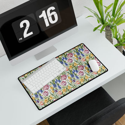 Desk Mat - Spring Garden Tulips Daffodils Hyacinths on a desk, featuring a calming floral scene with a keyboard and mouse, embodying FireBrook Designs' uplifting and serene workspace aesthetic.