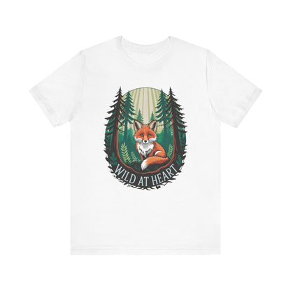 Wild at Heart Fox Illustration Bella+Canvas Unisex T-Shirt featuring a cartoon fox amidst a forest scene, capturing a playful and nature-inspired design on a white, lightweight tee.