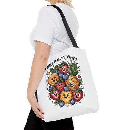 Fruit Party Tote Bag - Fun Summer Vibes: A durable polyester tote with reinforced handles and boxed corners, ideal for summer outings and errands, embodying FireBrook Essentials' joyful and uplifting design ethos.