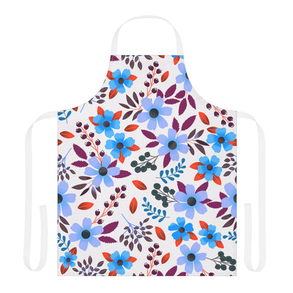 Floral Apron featuring a vibrant floral pattern with blue and lavender flowers on a white background, designed for comfort and style with tie-back closure and stain-free 100% polyester canvas.