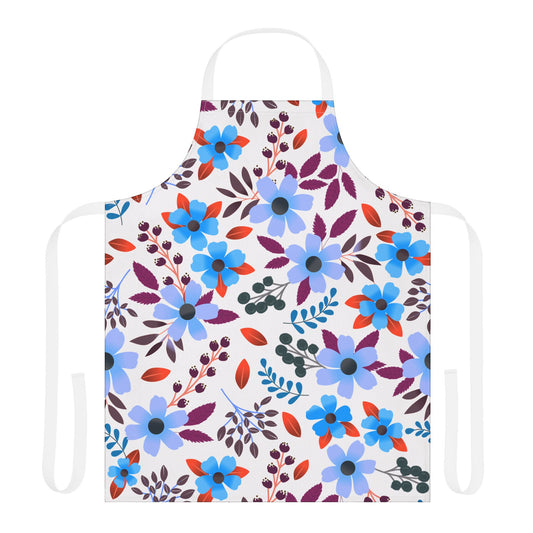 Floral Apron featuring a vibrant floral pattern with blue and lavender flowers on a white background, designed for comfort and style with tie-back closure and stain-free 100% polyester canvas.