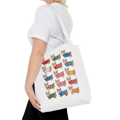 Cheerful Corgi Cartoon Style Dog Lover Tote Bag showcasing cute Corgis in playful outfits. Ideal for dog enthusiasts, this durable polyester bag from FireBrook Essentials is perfect for joyful, everyday use.