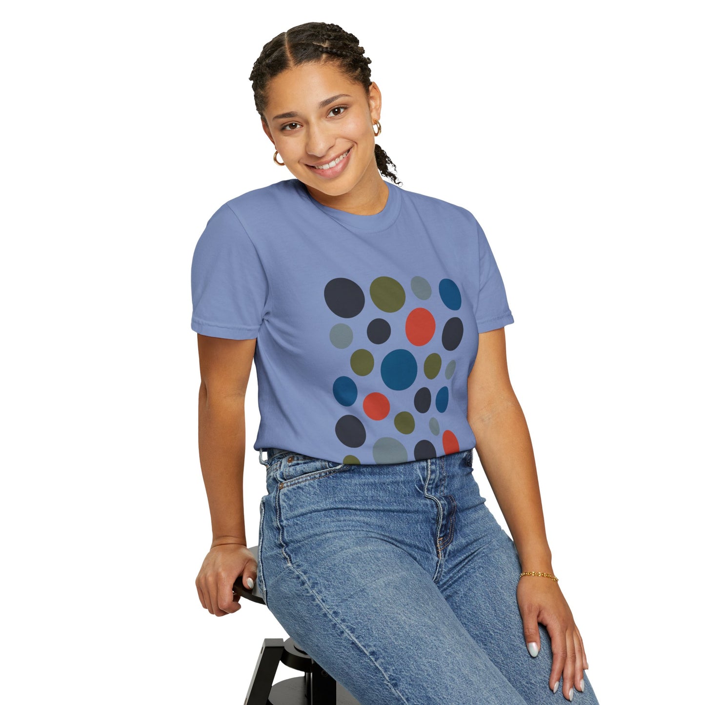 Abstract Circle Design in Modern Muted Tones T-Shirt featuring a unique pattern of solid circles, showcasing artistic flair. Ideal for stylish, comfortable wear, aligning with FireBrook Essentials' emphasis on uplifting, original designs.