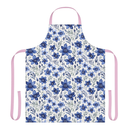 Apron, Blue Wildflower Pattern: A hand-painted indigo blue apron with a delicate wildflower design, featuring a tie-back closure and stain-free fabric. Ideal for creative individuals seeking comfort and style.