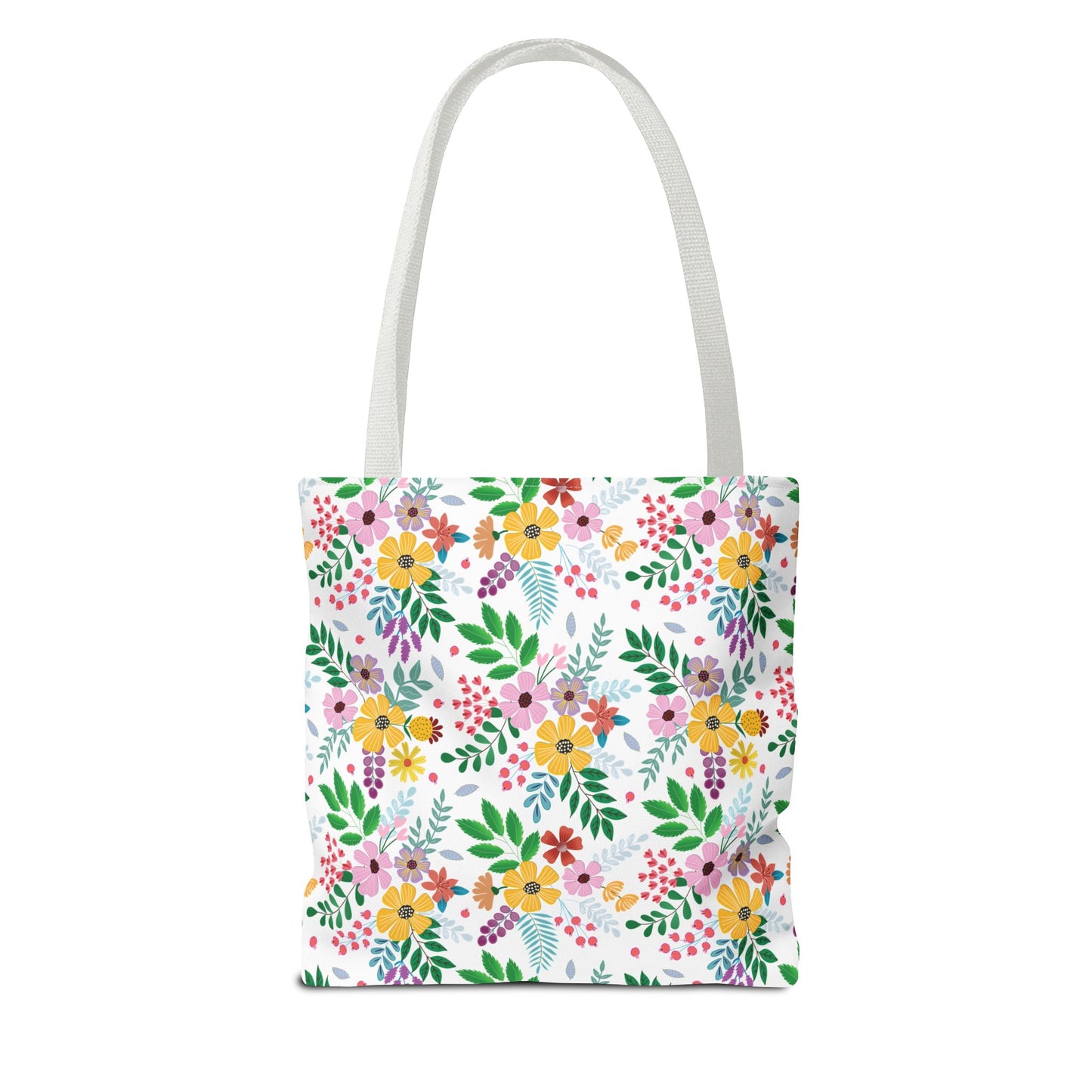 Spring Floral Patch Tote Bag featuring a vibrant floral pattern with yellow, pink, purple, and orange blooms on a white backdrop. Equipped with durable white straps, perfect for joyful summer outings or market trips.