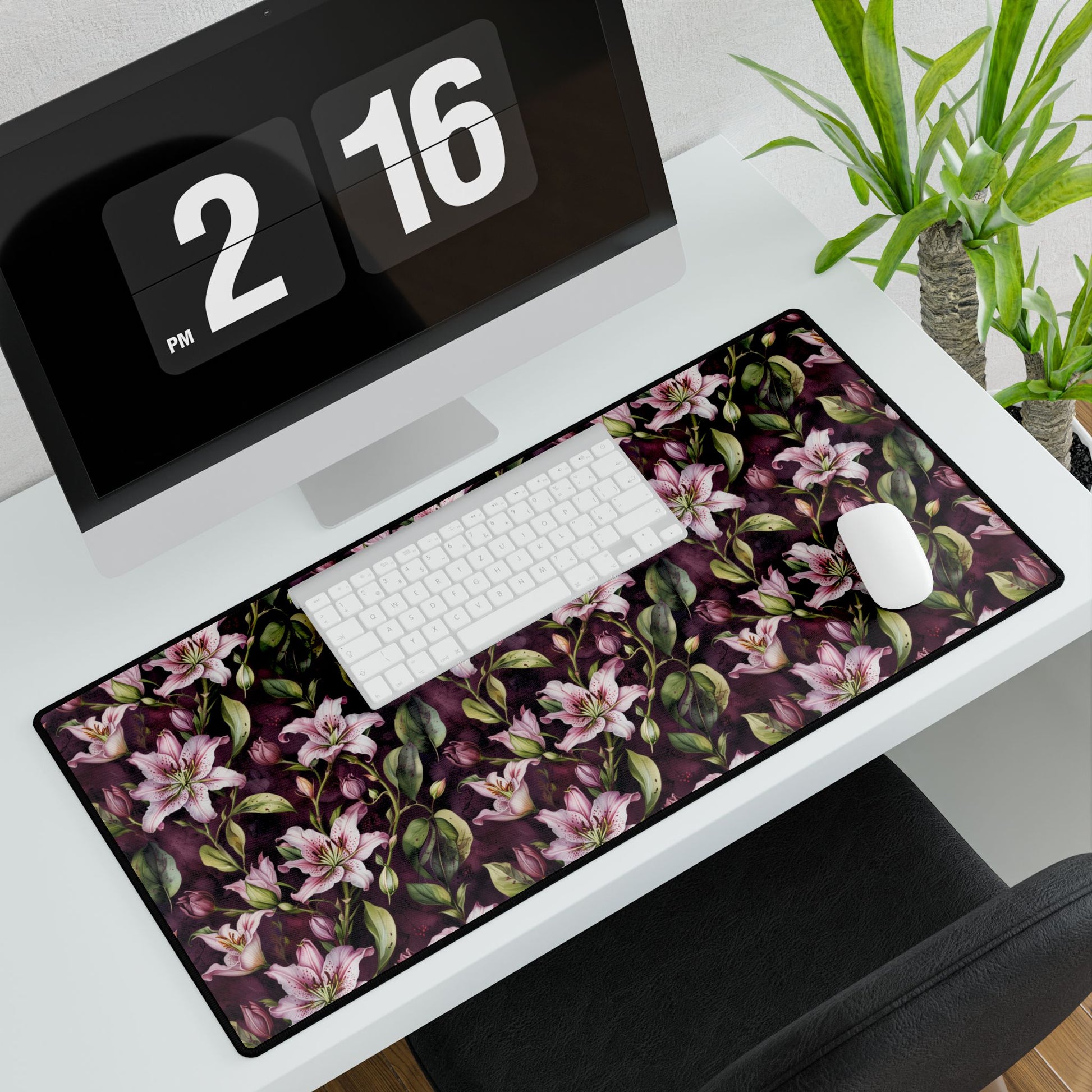 Lilies Floral Desk Mat - Elegant Workspace Accessory, featuring intricate floral patterns on a smooth, durable surface, complemented by a keyboard and mouse, perfect for enhancing any office or gaming setup.