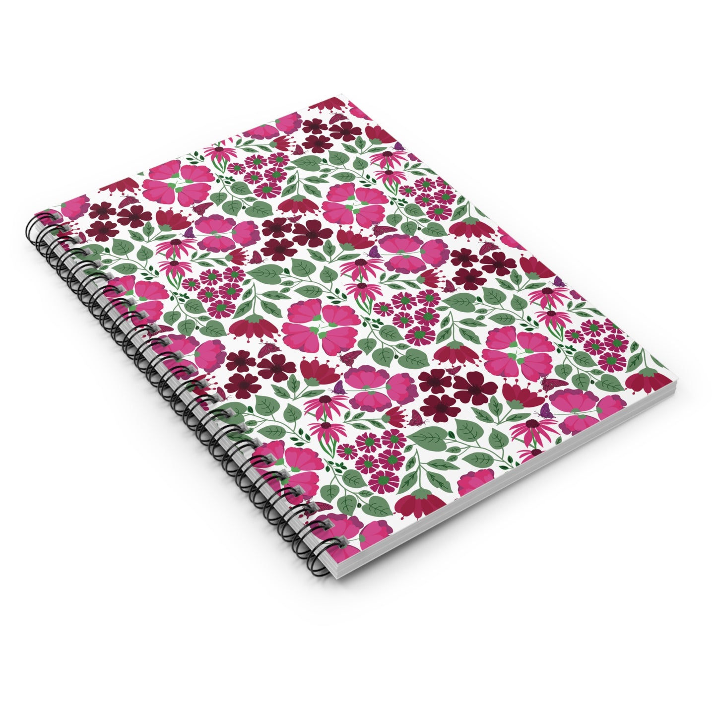 Floral Spiral Notebook featuring stylized pink and burgundy flowers on a white cover, embodying FireBrook Designs' uplifting essence, perfect for creative note-taking with durable spiral binding. Ideal for students and professionals.