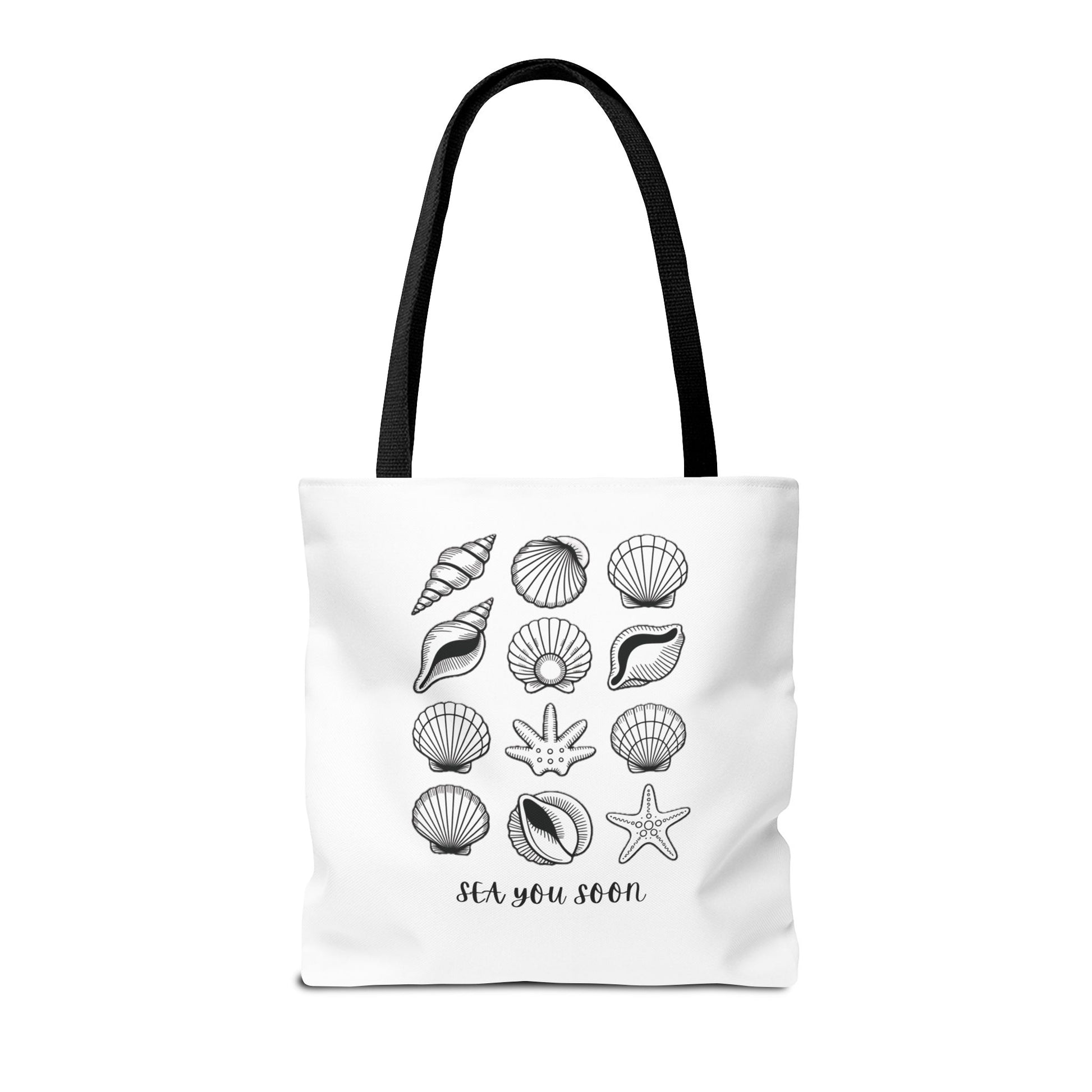 Sea Shells Tote Bag with nautical design, ideal for beach lovers, crafted from durable polyester with reinforced stitching and boxed corners. Available in multiple sizes, perfect for seaside trips and sunny adventures.