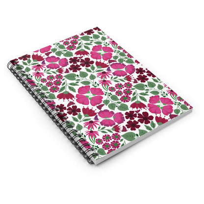 Floral Spiral Notebook featuring vibrant pink and burgundy blossoms on a white cover, ideal for creative expression. Designed for easy page turning with a durable metal spiral, perfect for everyday use.