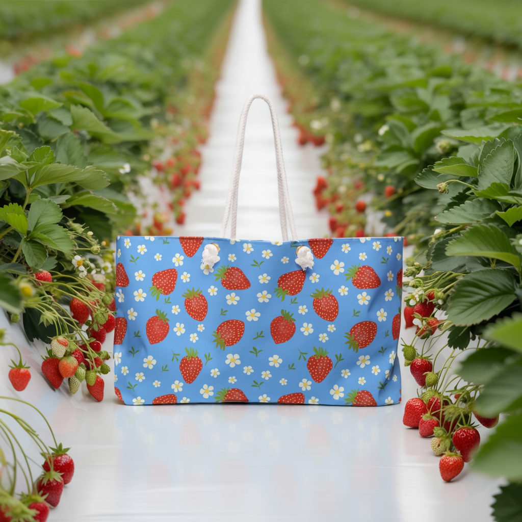 Weekender Bag with Strawberry Design featuring a vibrant strawberry pattern, ideal for travelers seeking style and convenience. Crafted with durable spun polyester, rope handles, and a spacious interior, perfect for joyful getaways.